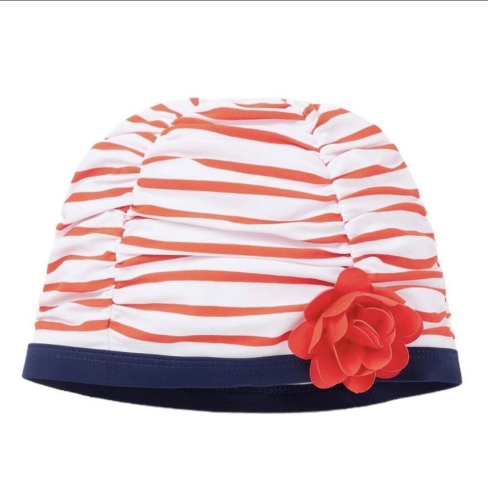 NWT! Janie and Jack Striped Swim Cap with Red Flower. Size 4-5 Red White